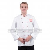 Bluza kucharska posiada zapięcie dwurzędowe na guziki typu grzybki, stójkę haftowaną wokół flagami wybranych Państw Unijnych oraz mankiet odwijany.