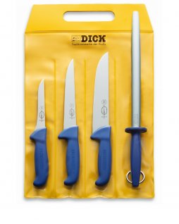 Zestaw 3 rzeźniczych noży ERGOGRIP, z ostrzałką, noże masarskie, 4 części, niebieskie, DICK 8255500