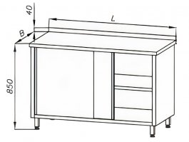 Stół roboczy z szafką, drzwiami suwanymi i rantem tylnym, wym. 1800x600x850 mm, E 1100