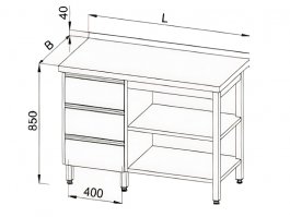 Stół roboczy z blokiem 3 szuflad po lewej, 2 półkami i rantem tylnym, wym. 1900x700x850 mm, E 1169 L