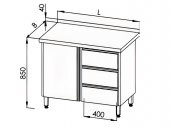 Stół roboczy z szafką po lewej stronie i blokiem 3 szuflad, rant tylny, wym. 800x600x850 mm, E 1183L