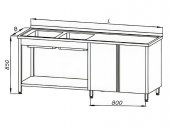 Stół ze zlewem 2-komorowym, szafką z półką, drzwi uchylne, tylny rant, wym. 1900x600x850 mm, E 2295