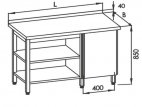 Stół roboczy E 1077P Eco, z szafką po prawej, 2 półkami i rantem, nierdzewny, z blatem 1100x600mm