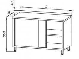 Stół roboczy E 1100 Eco, z szafką i blatem 1200x700 mm, nierdzewny, drzwi suwane, rant z tyłu